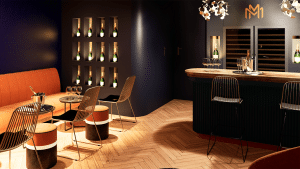 Vue sur le meuble sur mesure et le bar dans une salle de dégustation de champagne à Chouilly près d’Épernay